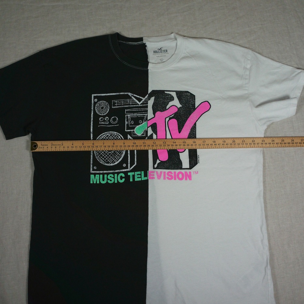 Hollister MTV Graphic Tee Mens Large Black White Excellent Split T-Shirt - Picture 2 of 6